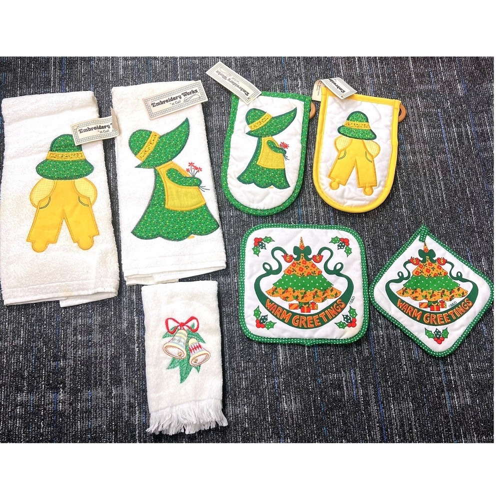 Vtg CANNON  kitchen towel Sugar & Spice Farmer & Sun Bonnet Oven Mitt Pot Holder
